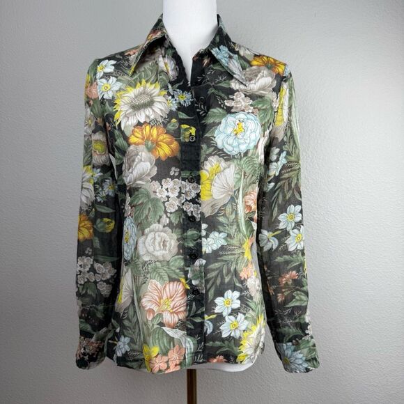 Sheer Floral Button Up Blouse Womens Size S Black Multicolor 70s Romantic Top - Picture 1 of 15